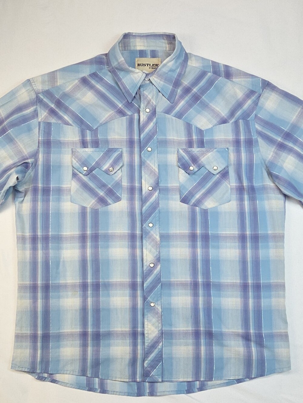 90's VTG Rustler By Wrangler Sawtooth Blue & Purple Short Sleeve Pearl Snap